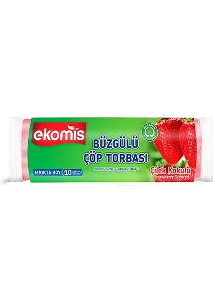 Ekomis Çilek Kokulu Büzgülü Çöp Torbası Orta Boy 10'lu (1 Paket)