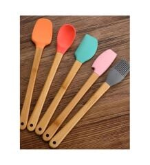 5'li Renkli Ahşap Saplı Silikon Uçlu Spatula Fırçalı Kaşık